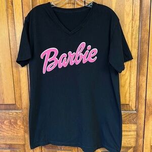Barbie V-Neck Shortsleeved Cotton Tee Black w/Pink/White Scripted Barbie L/XL